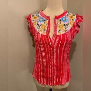 Amelia's Red Striped Floral Embroidered Cap Sleeve Top, Small